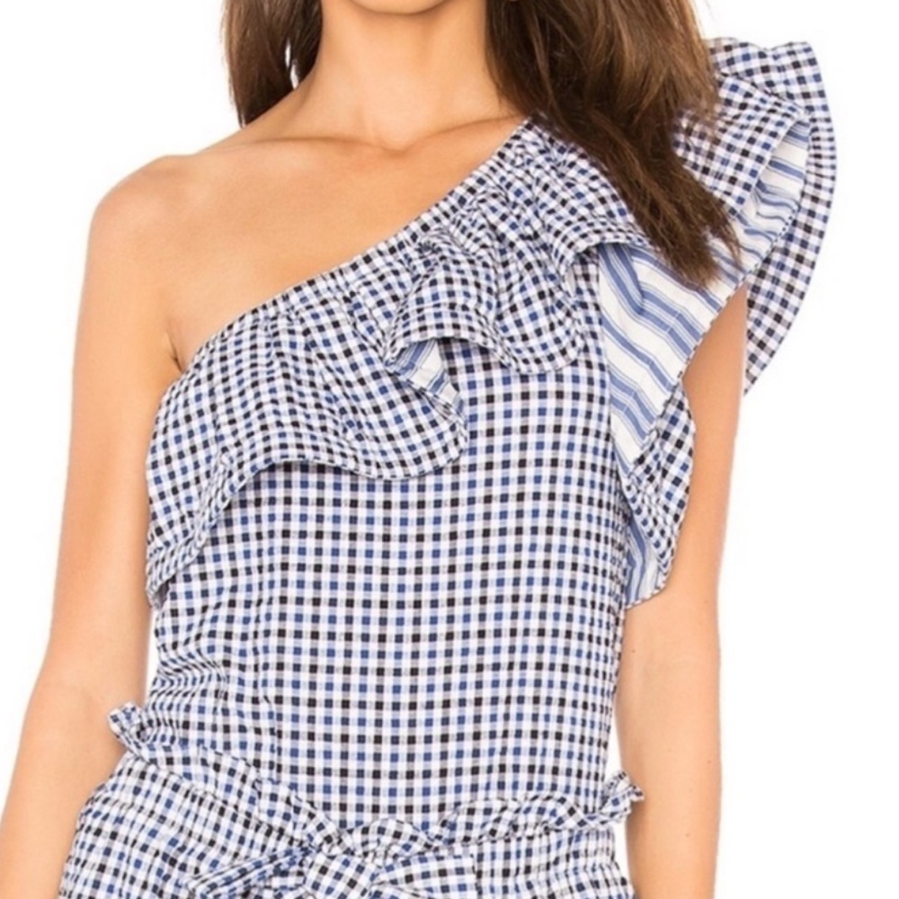 Misa Los Angeles Blue and White Checkered One-Shoulder Top-XS